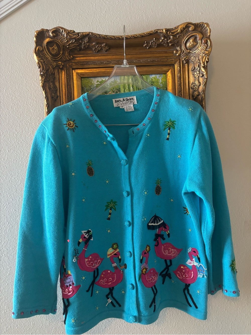 Vintage Jack B. Quiek Tropical Flamingo Embroidered Cardigan
